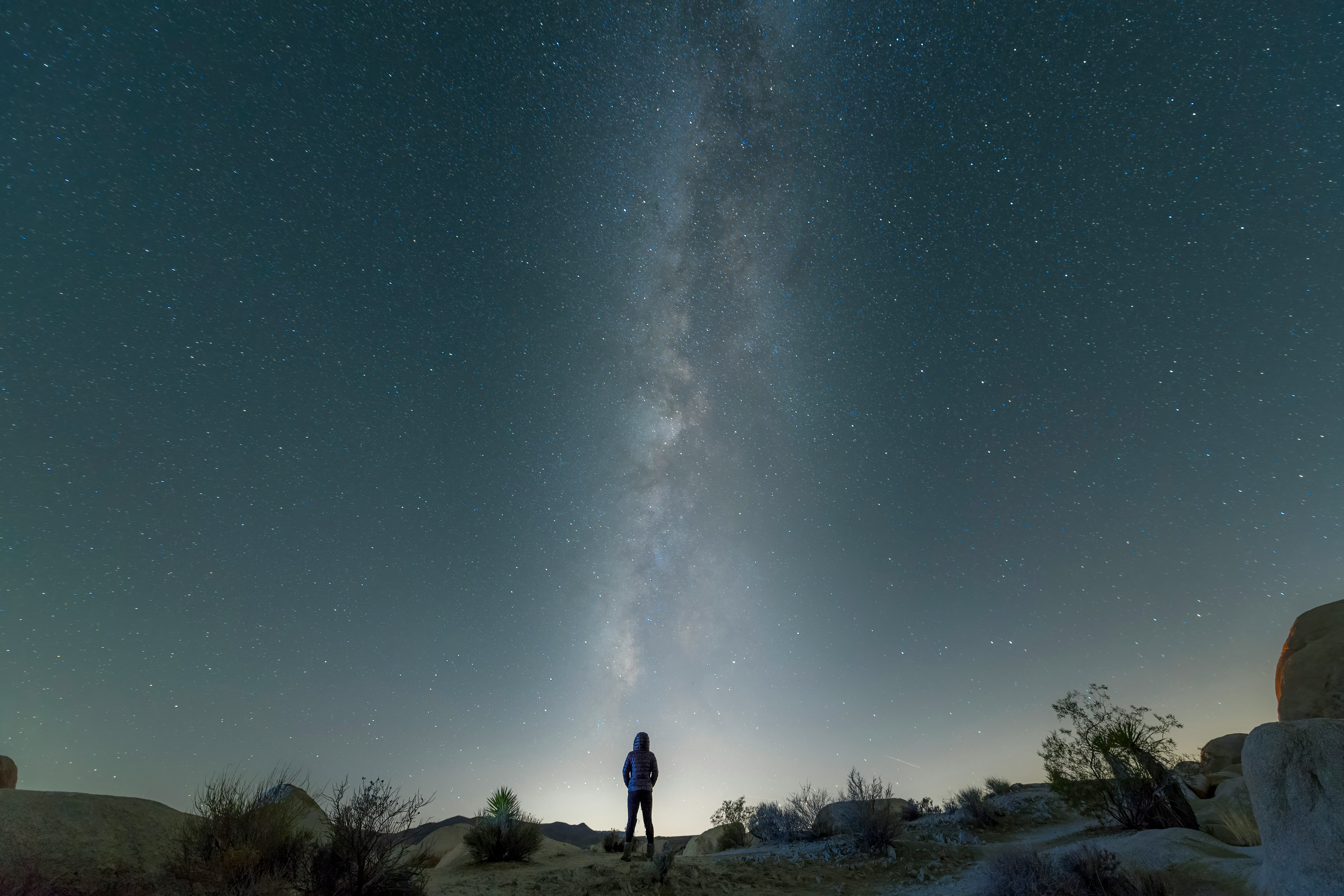 man standing on brown field under blue sky during night time